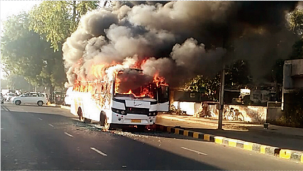 school bus caught fire