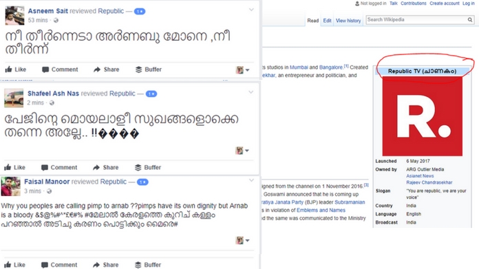 Malayalees give one star rating to republic channel fb page