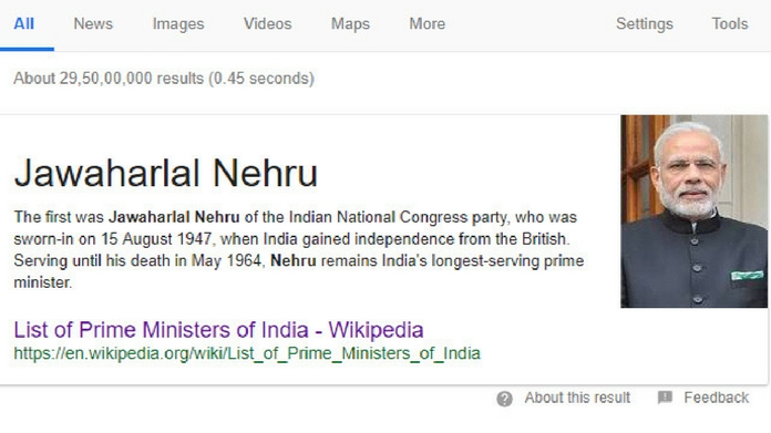 google lists narendra modi as indias first prime minister