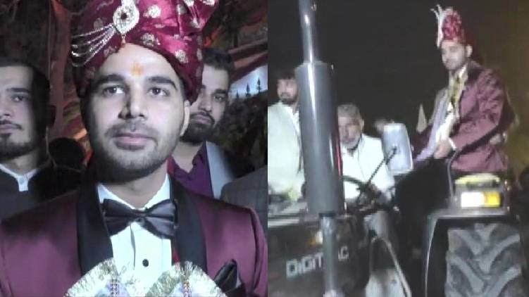 groom drives tractor declaring solidarity to farmers protest
