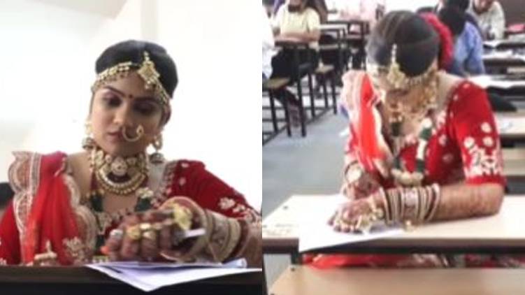 girl writes exam in bridal dress
