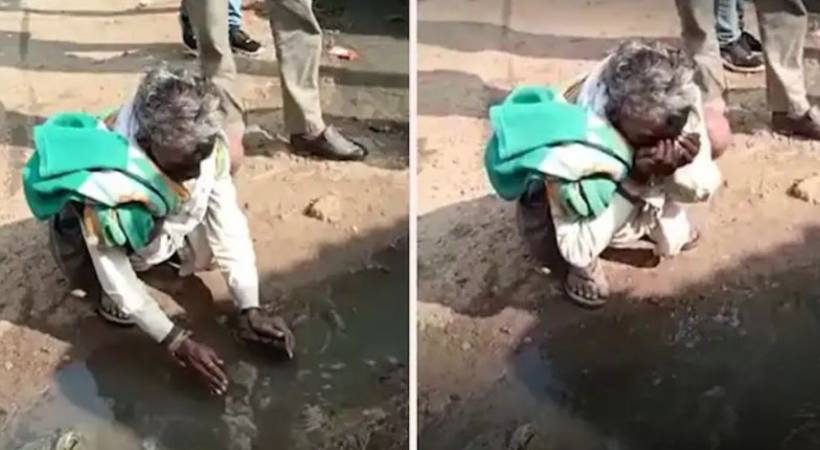 elder;y man drinks dirty water