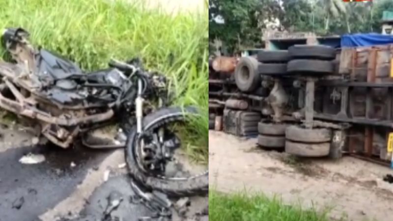 lorry overturns on bike kayamkulam