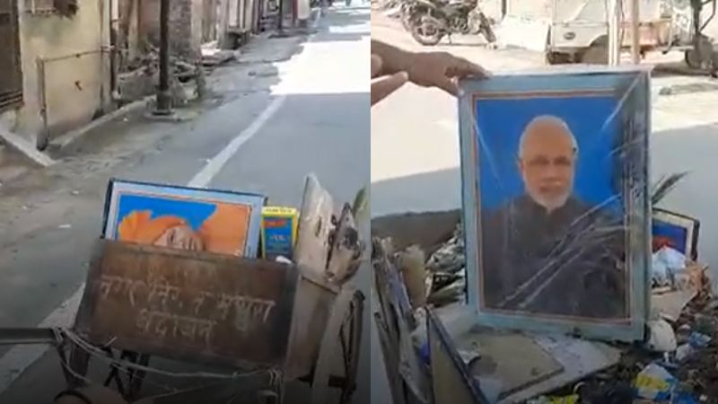 yogi adityanath and modi photos carrying in garbage cart