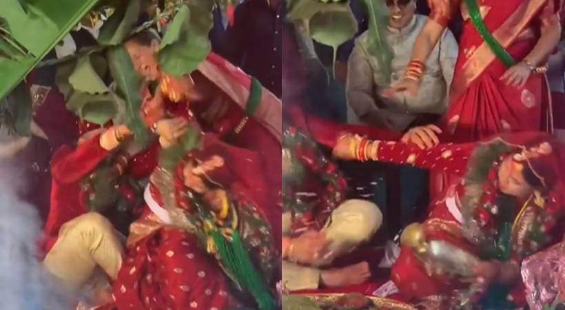 bride and groom fight in mandap