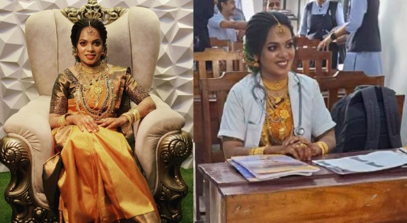 Bride Attends Practical Exam Wearing Lab Coat And Stethoscope Over Wedding Saree