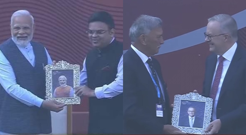 jay Shah and Roger Binny giving Pictures to Narendra Modi and Anthony Albanese