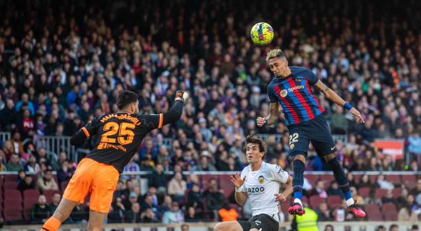 Raphinha scoring goal against Valencia