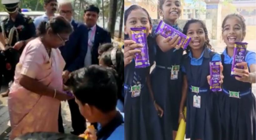 President Draupadi murmu gives chocolates to kids