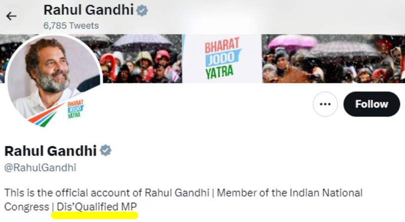 Rahul Gandhi changes his Twitter Bio as Dis'Qualified MP