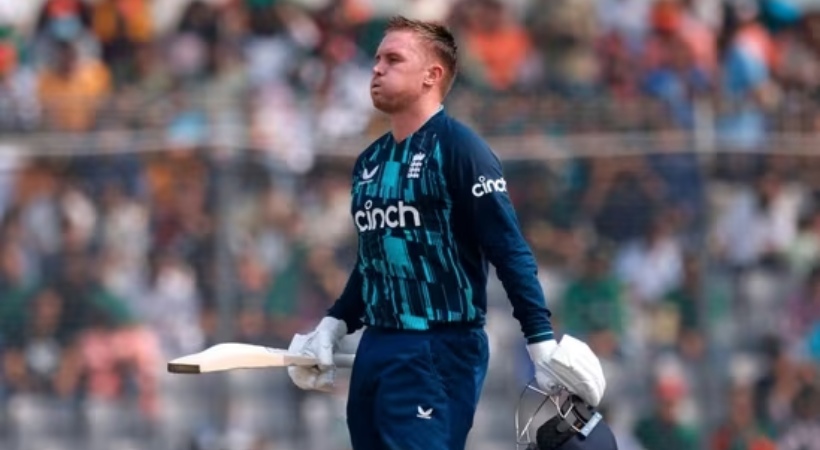 England's Jason Roy celebrates after reaching his century