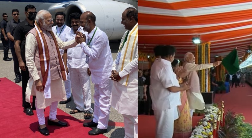 Narendra Modi flagging off Vandebharat exp