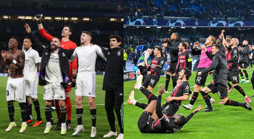 Real Madrid and AC Milan celebrating quarter final win