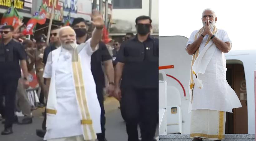 Narendra Modi at Kochi wearing kerala style kasavumundu