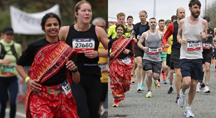 Indian women run with wearing saree at UK marathon