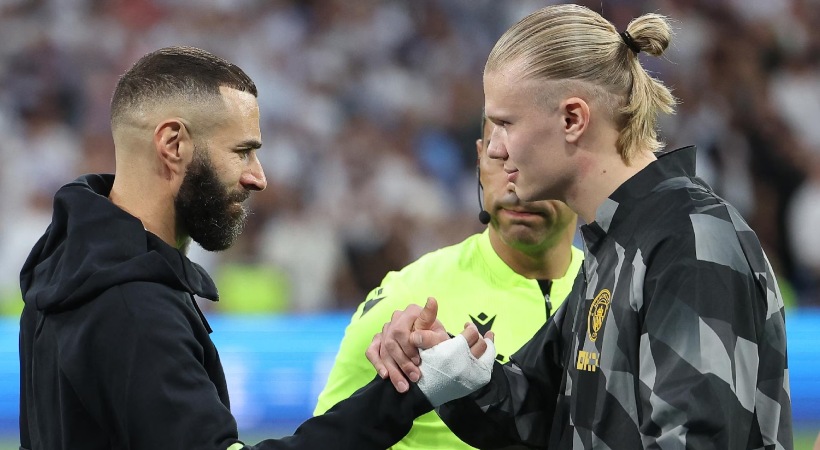 Images of Real Madrid's Karim Benzema and Manchester City's Erling Haaland
