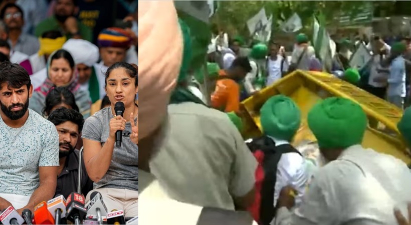 Images of Wrestlers' Protest and Farmers breaks through Police barricade