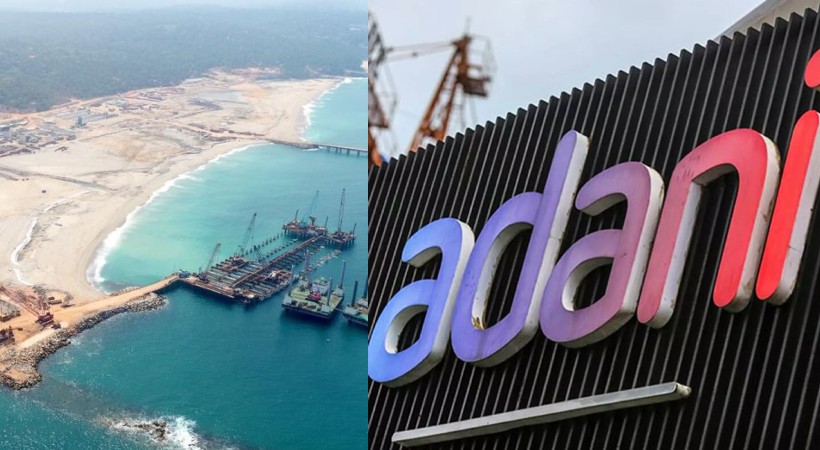 Images of vizhinjam port and Adani logo