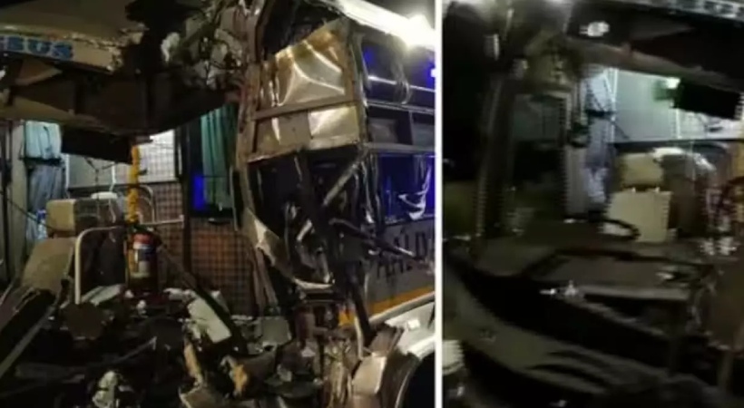 Bus crashes behind container lorry; Driver and conductor injured