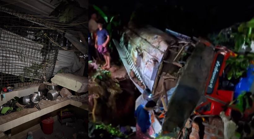 tanker lorry overturned on top of house