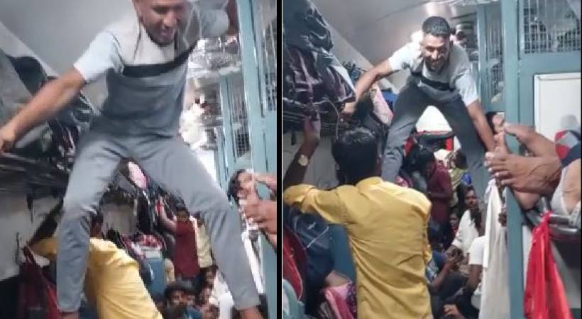 Viral video of a man jump through train seats to go toilet