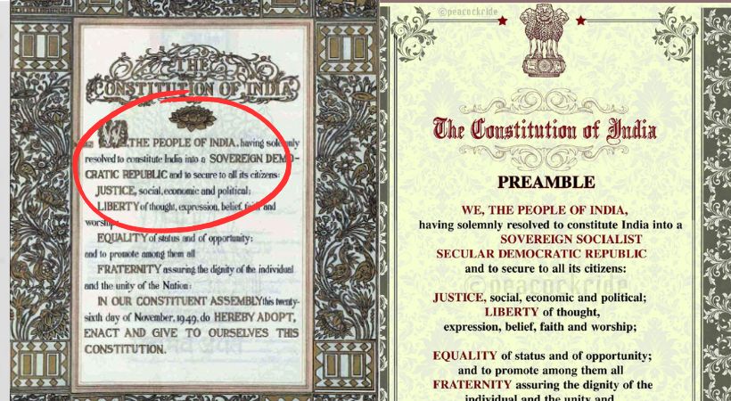 Central government shared preamble of Indian constitution by excluding 'socialist and secular'