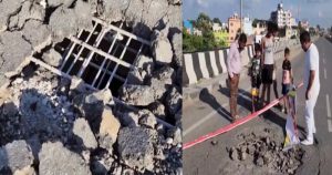 Pothole in the newly constructed National Highway flyover in Bihar